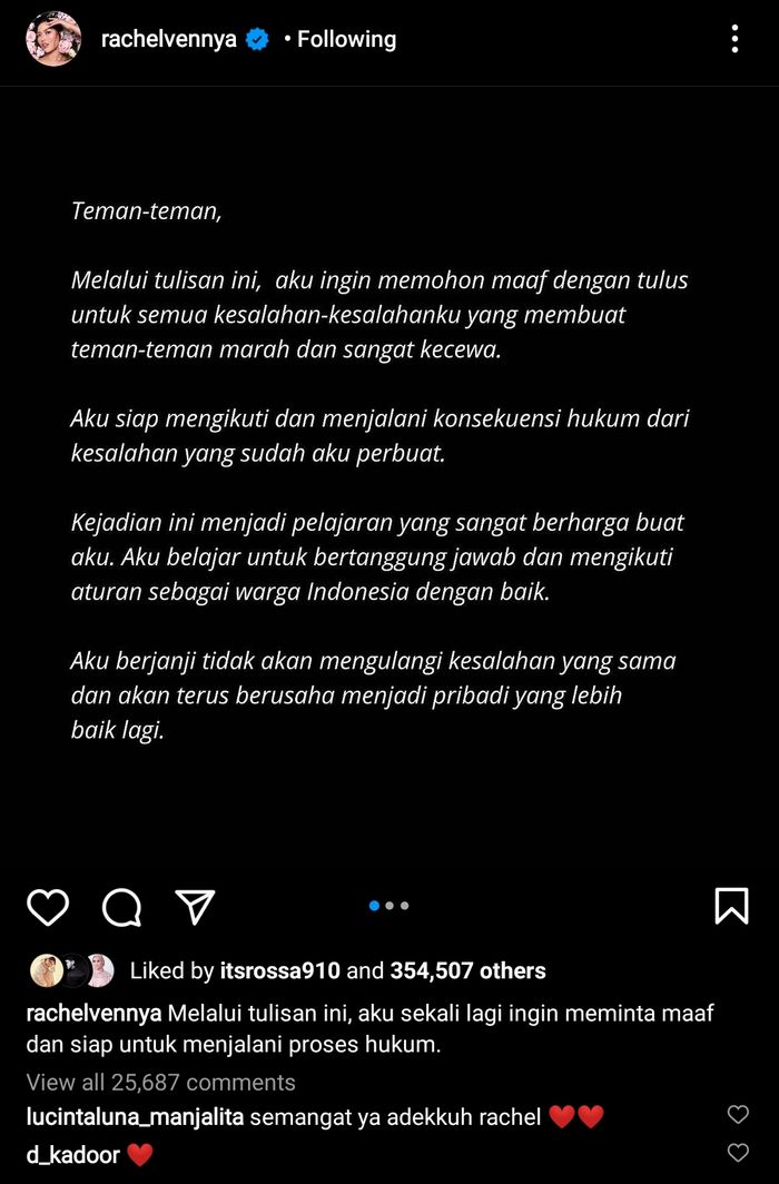 Unggahan Rachel Vennya meminta maaf atas kasus yang terjadi