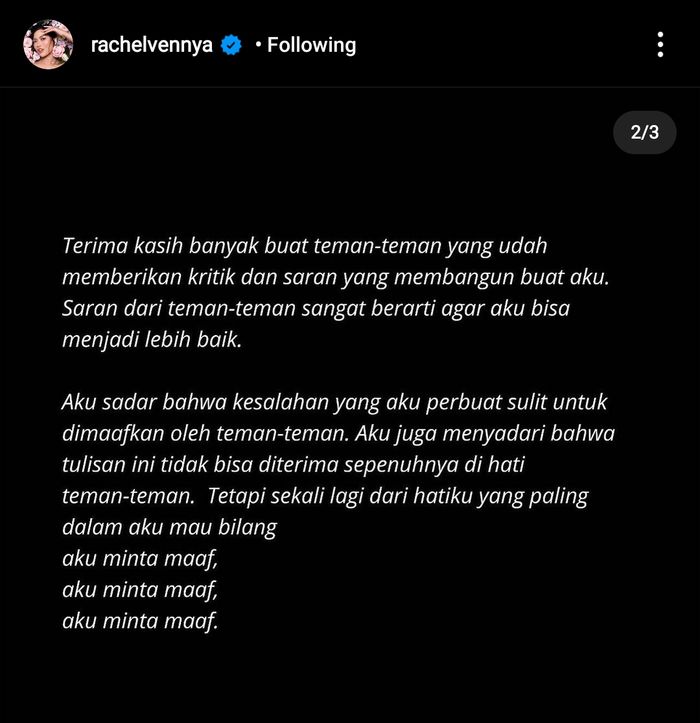 Unggahan Rachel Vennya meminta maaf atas kasus yang terjadi