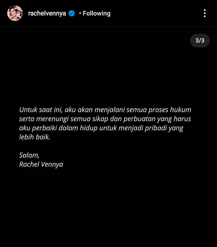 Unggahan Rachel Vennya meminta maaf atas kasus yang terjadi