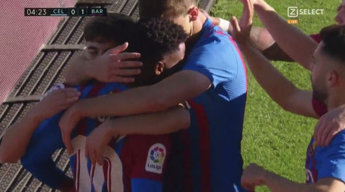 Selebrasi Ansu Fati usai mencetak gol saat laga Barcelona Vs Celta Vigo di Abanca-Balaidos, pada pekan ke-13 Liga Spanyol, Sabtu (6/11/2021).