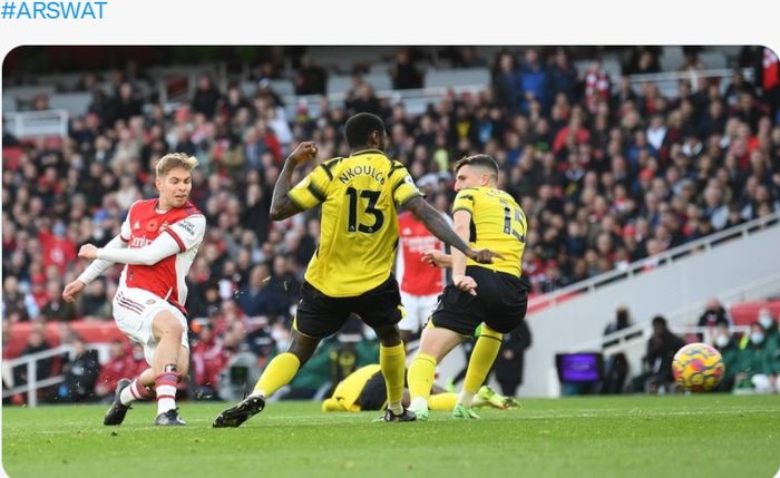 Emile Smith Rowe mencetak gol dalam laga Arsenal vs Watford di Liga Inggris, Minggu (7/11/2021) di Emirates Stadium.