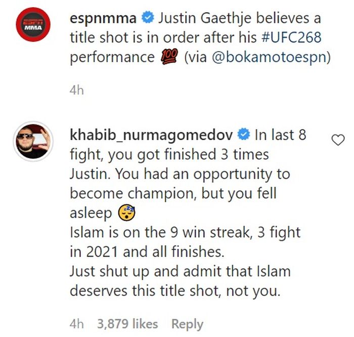 Tangkapan layar sentilan pedas Khabib Nurmagomedov untuk jagoan UFC, Justin Gaethje.
