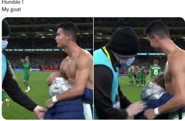 Cristiano Ronaldo saat menyambut seorang suporter cilik dalam laga kontra Republik Irlandia.
