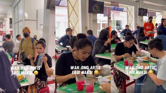 Maudy Koesnaedi asyik santap makanan di pinggir jalan Kota Solo