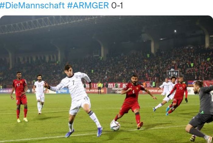 Striker timnas Jerman, Kai Havertz, mencetak gol ke gawang timnas Armenia dalam laga Grup J Kualifikasi Piala Dunia 2022 Zona Eropa di Stadion Republican, Minggu (14/11/2021).