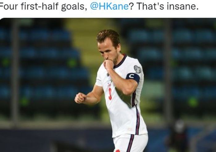 Striker timnas Inggris, Harry Kane, merayakan gol ke gawang timnas San Marino dalam laga Grup I Kualifikasi Piala Dunia 2022 Zona Eropa di San Marino Stadium, Senin (15/11/2021).