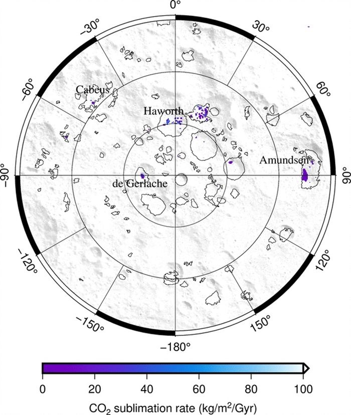 Map of carbon dioxide cold traps on the moon, with possible cold traps marked in purple.  In this region, temperatures drop even below the coldest temperatures measured on Pluto. 