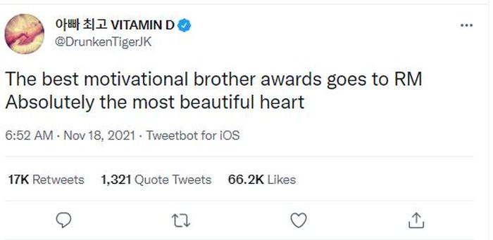 Cuitan Tiger JK saat menyebut bahwa RM BTS adalah seorang motivator terbaik.