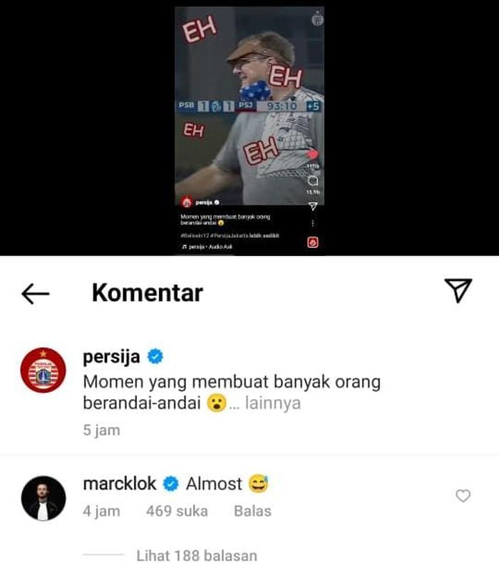 Marc Klok nampak ikut berkomentar di Instagram Persija Jakarta, 21 November 2021.