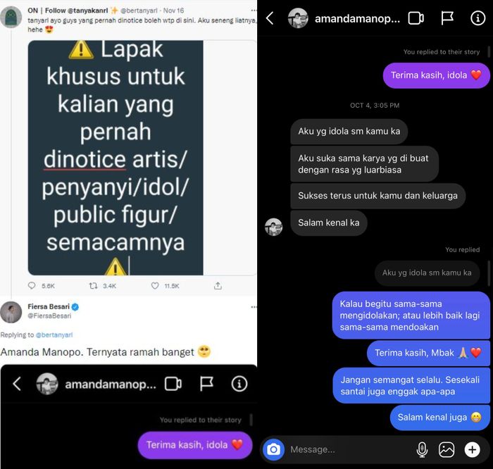 Amanda Manopo saat chat dengan Fiersa Besari