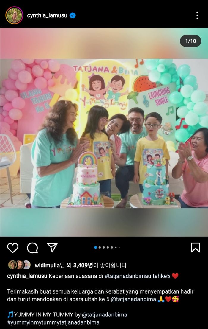 Unggahan Cynthia Lamusu di hari ulang tahun anak kembarnya, Tatjana dan Bima.