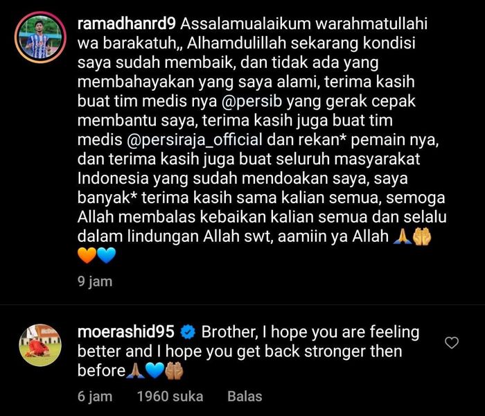 Netizen menyoroti aksi terpuji yang dilakukan oleh pemain Persib Bandung, Mohammed Rashid, dengan memberikan doa kesembuhan untuk pilar Persiraja Banda Aceh, Ramadhan.