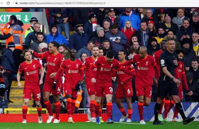 Para pemain Liverpool merayakan gol Diogo Jota ke gawang Southampton dalam laga pekan ke-13 Liga Inggris 2021-2022 pada Sabtu (27/11/2021) pukul 22.00 WIB di Stadion Anfield 