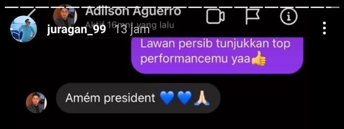 Presiden Arema FC, Gilang Widya Pramana, memberikan wejangan khusus kepada Adilson Maringa lewat DM Instagram.