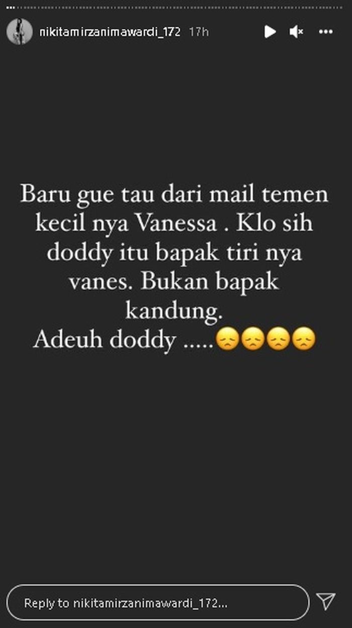 Unggahan Nikita Mirzani yang menyebut Doddy Sudrajat adalah ayah tiri Vanessa Angel
