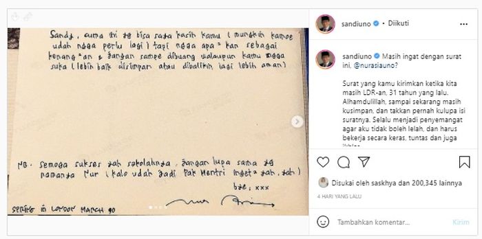 Surat cinta Nur Asia untuk Sandiaga Uno