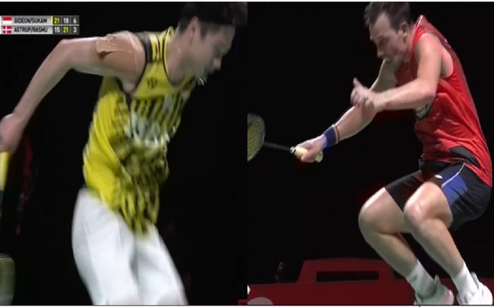 Saling balas jumping dimulai setelah Anders Skaarup Rasmussen (kanan) melakukannya usai meraih poin akibat smes Marcus Fernaldi Gideon membentur net di gim ketiga laga penentuan ke semifinal BWF World Tour Finals 2021.