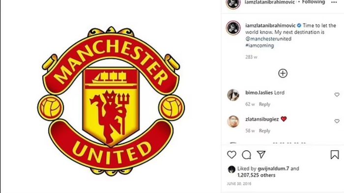 Postingan Zlatan Ibrahimovic di Instagram pada 2016.