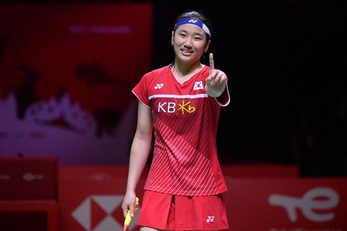 Ekspresi tunggal putri Korea Selatan, An Se-young usai memenangi final BWF World Tour Finals 2021, Minggu (5/12/2021)