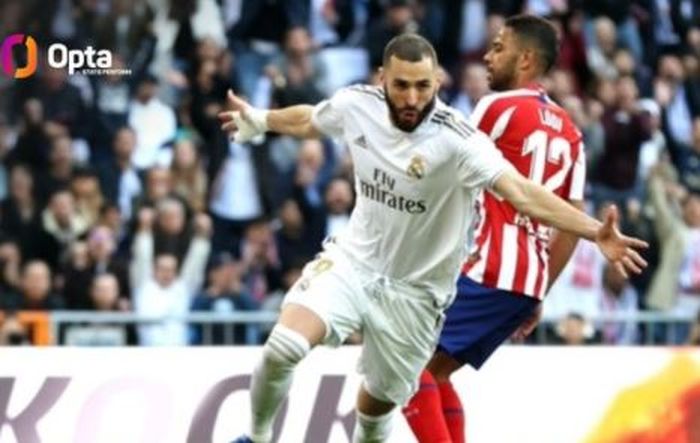 Striker Real Madrid, Karim Benzema, merayakan gol dalam laga Liga Spanyol kontra Atletico Madrid di Stadion Santiago Bernabeu, Minggu (12/12/2021).