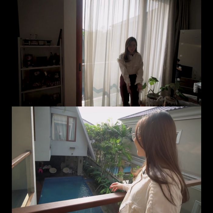 View kolam renang dari kamar tidur di rumah artis Jessica Jane.