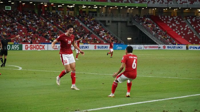 Elkan Baggott saat mencetak gol ke gawang Malaysia (19/12/2021).