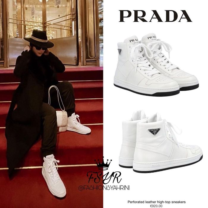 Koleksi sepatu sneakers mewah Syahrini - Prada Perforated Leather High Top Sneakers