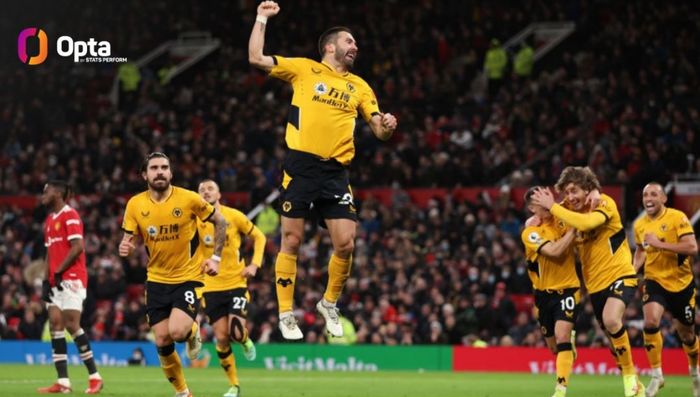 Gelandang Wolverhampton Wanderers, Joao Moutinho, merayakan gol ke gawang Manchester United dalam laga Liga Inggris di Stadion Old Trafford, Senin (3/1/2022).