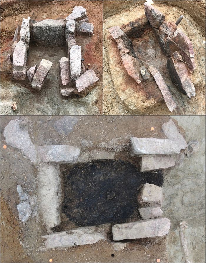 Tungku pembakaran pembuatan besi di situs Vivungi. Pada gambar di bawah, arang menyisakan jejak bentuk besi yang digunakan di atasnya untuk produksi logam.