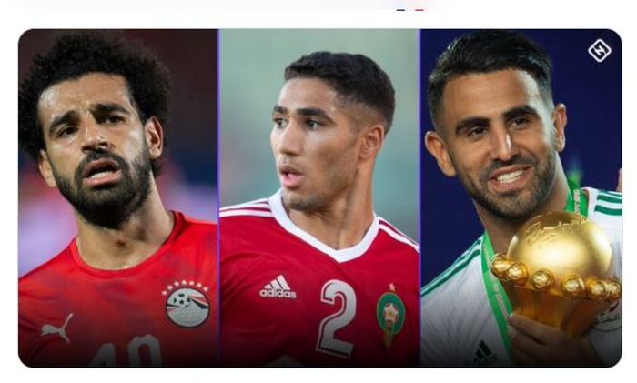 Kiri ke kanan: Mohamed Salah (Mesir), Achraf Hakimi (Maroko), Riyad Mahrez (Aljazair), bintang di Piala Afrika 2021.