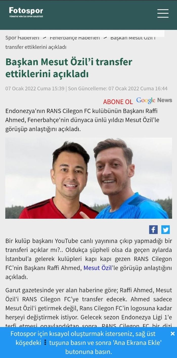 Media asal Turki, Fotospor, membahas mengenai rumor Raffi Ahmad memboyong Mesut Ozil ke RANS Cilegon FC.