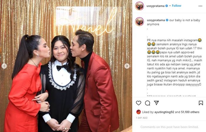 Anak gadis Ussy Sulistiawaty ulang tahun ke-17 dan meminta ijin untuk buka akun Instagram