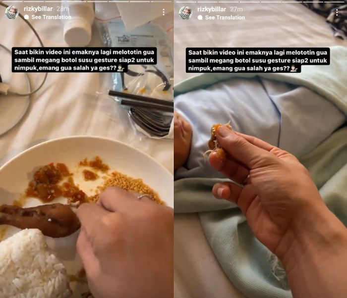 Rizky Billar iseng hendak suapi Baby L dengan nasi lauk ayam penyet dan sambal.