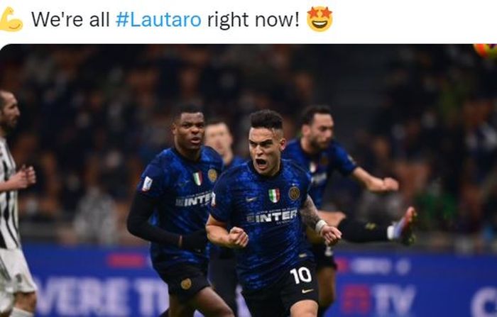 Striker Inter Milan, Lautaro Martinez, merayakan gol ke gawang Juventus dalam laga Piala Super Italia di Stadion Giuseppe Meazza, Rabu (12/1/2022).