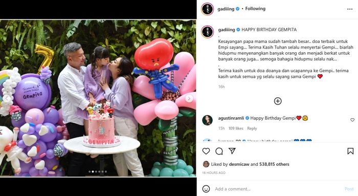 Gading Marten beri pesan menyentuh untuk anaknya yang ulang tahun