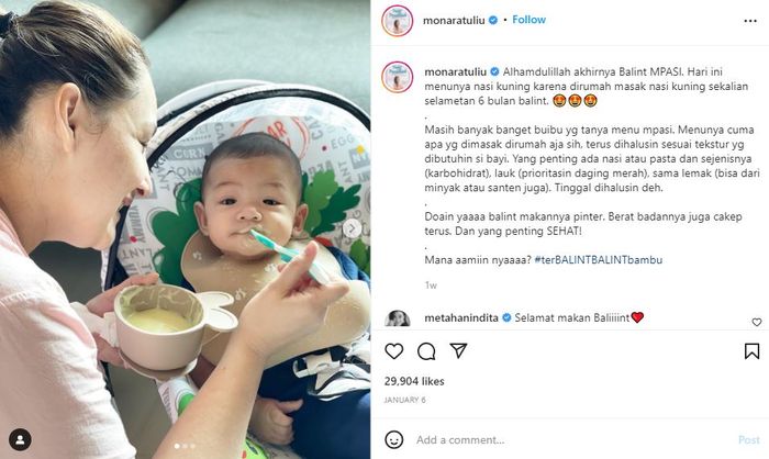 Unggahan Mona Ratuliu yang memberikan MPASI untuk keponakannya, Balint, untuk pertama kali.