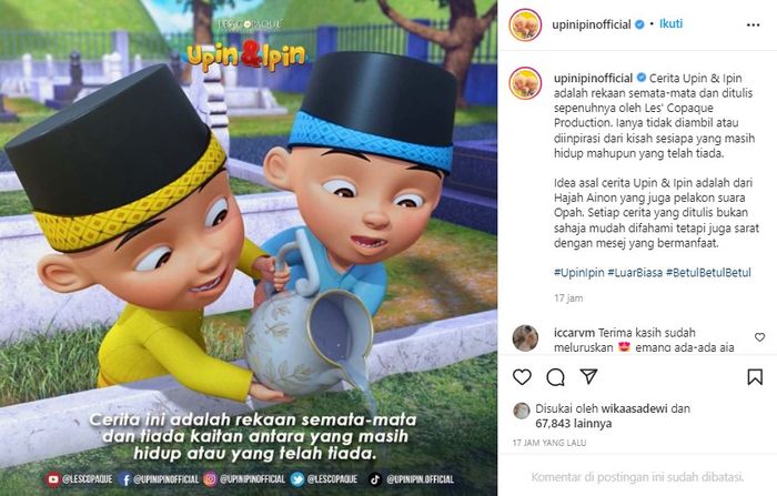 Akun resmi Upin Ipin yang mengklarifikasi kabar meninggal dunia