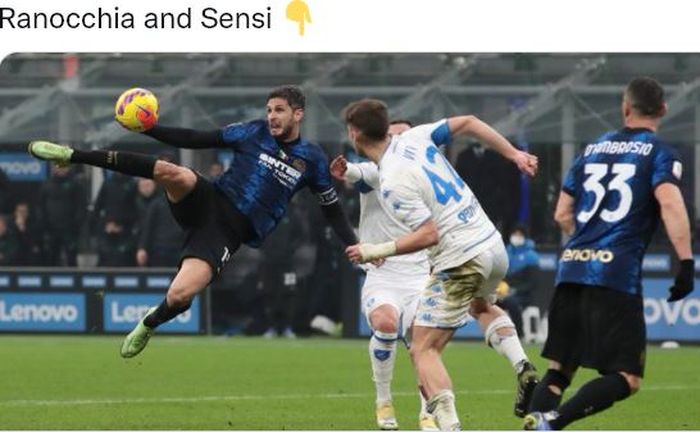 Bek Inter Milan, Andrea Ranocchia, mencetak gol dalam laga babak 16 besar Coppa Italia kontra Empoli di Stadion Giuseppe Meazza, Rabu (19/1/2022).