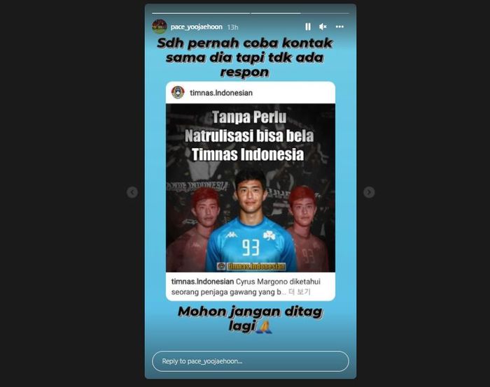 Unggahan insta story Yoo Jae-hoon soal Cyrus Margono pada Kamis (20/1/2022).