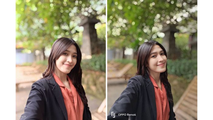 Hasil foto selfie dengan kamera OPPO Reno generasi berikutnya (kiri) dan OPPO Reno6 (kanan)