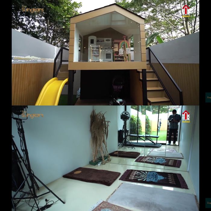 Taman bermain anak dan musholla di rumah artis Fitri Tropica.
