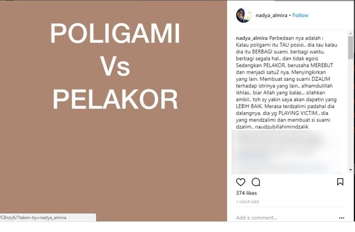 Nadya Almira ungkit soal poligami vs pelakor
