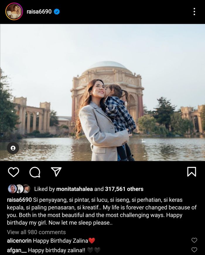 Unggahan Raisa di hari ulang tahun putrinya, Zalina Raine Wyllie.