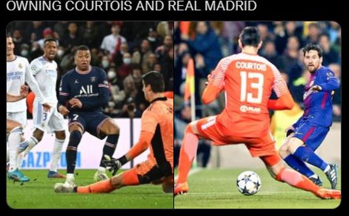 Dua pemain Paris Saint-Germain, Kylian Mbappe dan Lionel Messi, mencetak gol dengan mengolongi Thibaut Courtois di Liga Champions.