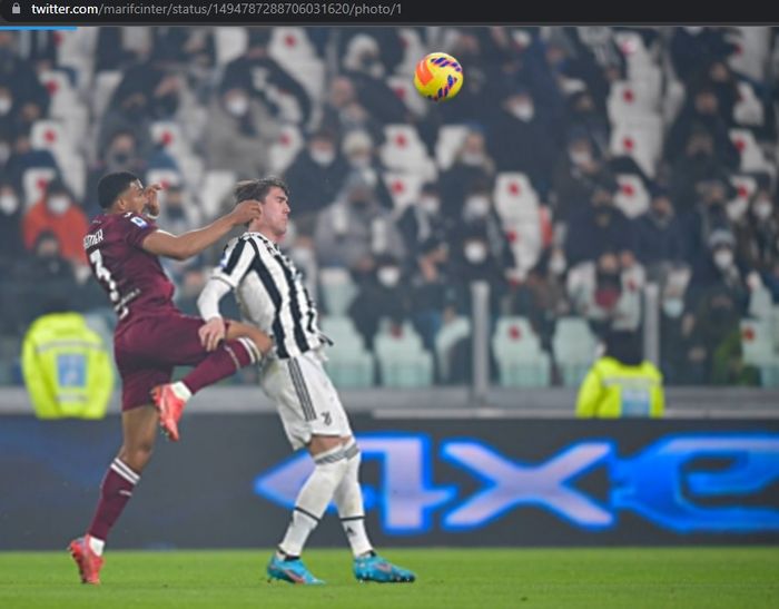 Aksi striker Juventus, Dusan Vlahovic, saat menghadapi Torino di Liga Italia