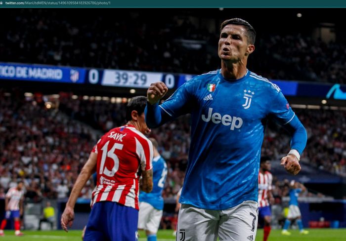 Selebrasi Cristiano Ronaldo usai mencetak gol ke gawang Atletico Madrid saat masih membela Juventus.