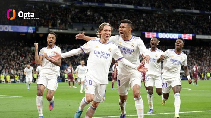 Para pemain Real Madrid merayakan gol Luka Modric ke gawang Real Sociedad dalam laga pekan ke-27 Liga Spanyol 2021-2022, Sabtu (05/03/2022) waktu setempat atau Minggu dini hari WIB.