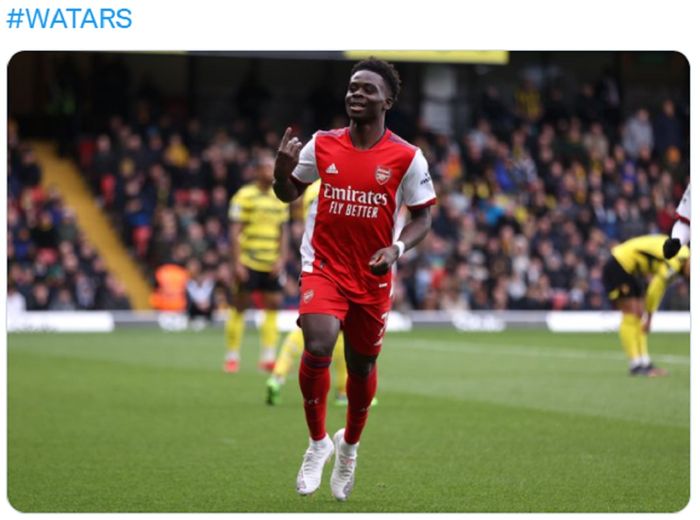 Selebrasi gelandang muda Arsenal, Bukayo Saka setelah mencetak gol ke gawang Watford di pekan ke-28 Liga Inggris pada Minggu (6/3/2022)