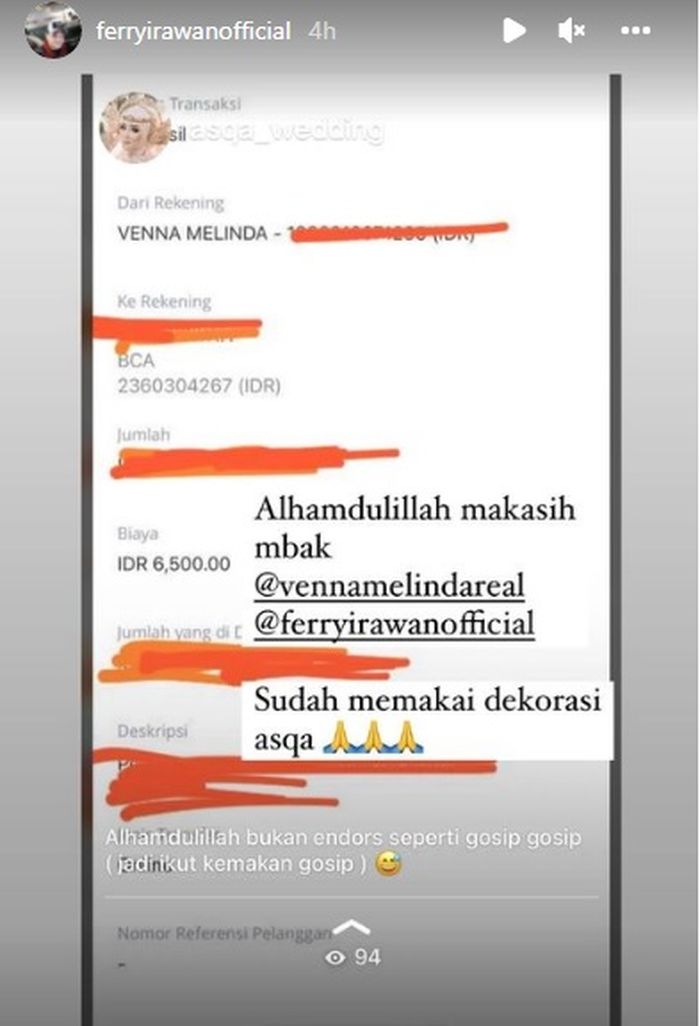 Transferan Ferry Irawan kepada Venna Melinda