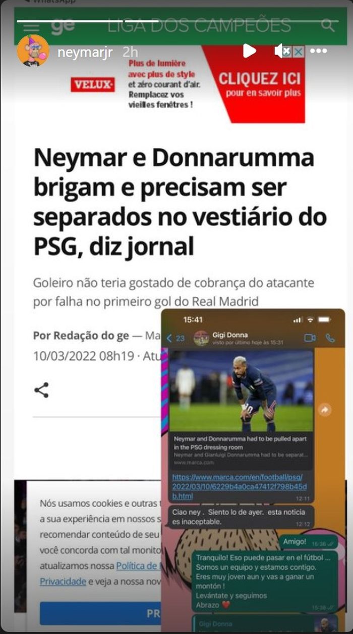 Story Instagram Neymar Junior soal isu perkelahiannya dengan Gianluigi Donnarumma.